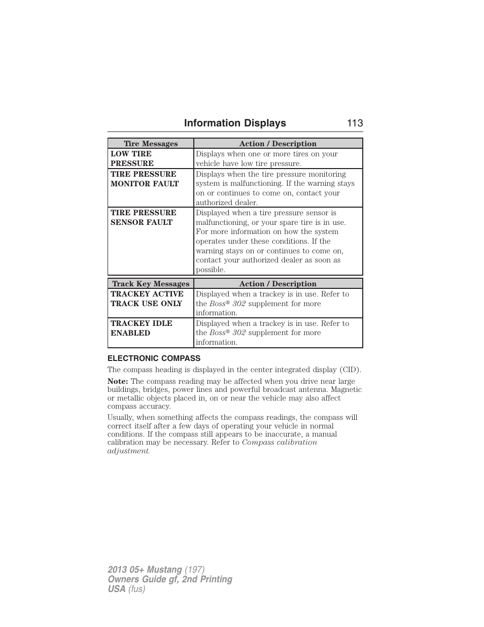 Electronic compass, Information displays 113 | FORD 2013 Mustang v.2 User Manual | Page 113 / 427