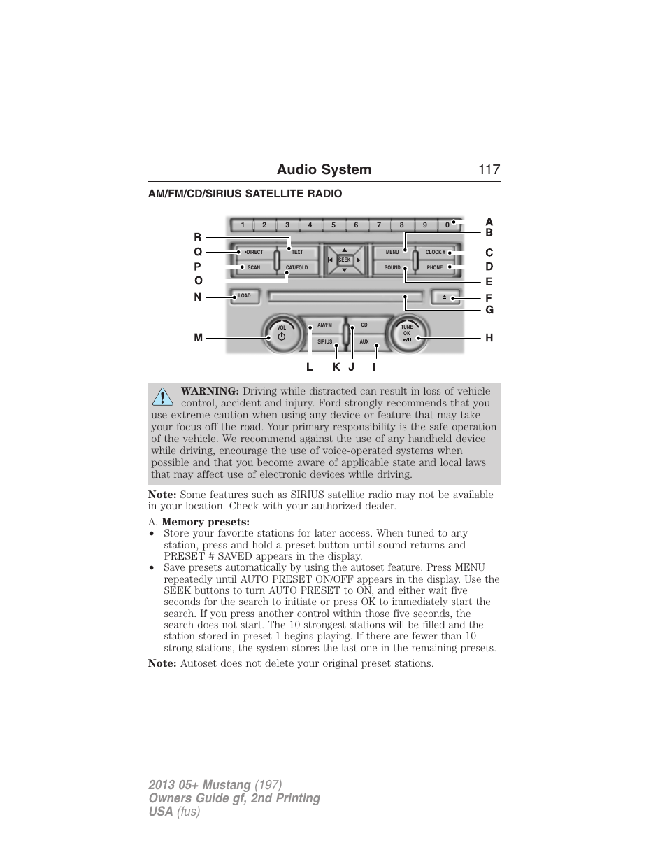 Am/fm/cd/sirius satellite radio, Am/fm stereo with cd/mp3, Audio system 117 | FORD 2013 Mustang v.2 User Manual | Page 117 / 427