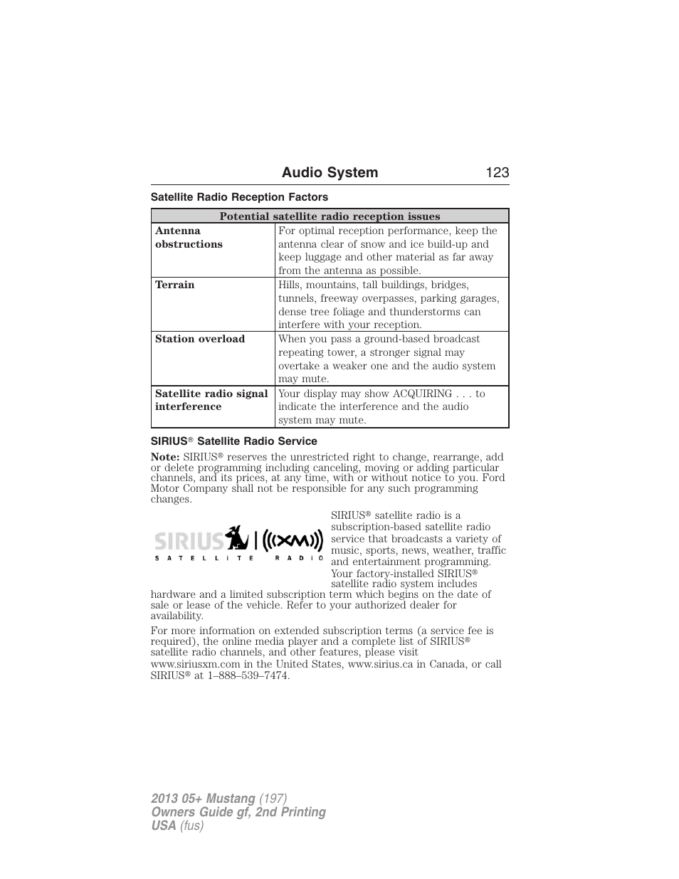 Satellite radio reception factors, Sirius? satellite radio service, Audio system 123 | FORD 2013 Mustang v.2 User Manual | Page 123 / 427