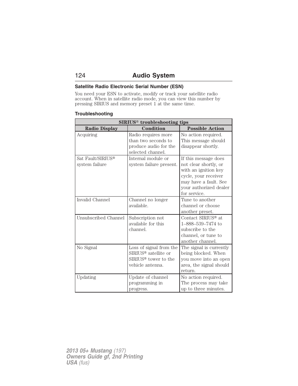 Satellite radio electronic serial number (esn), Troubleshooting, 124 audio system | FORD 2013 Mustang v.2 User Manual | Page 124 / 427