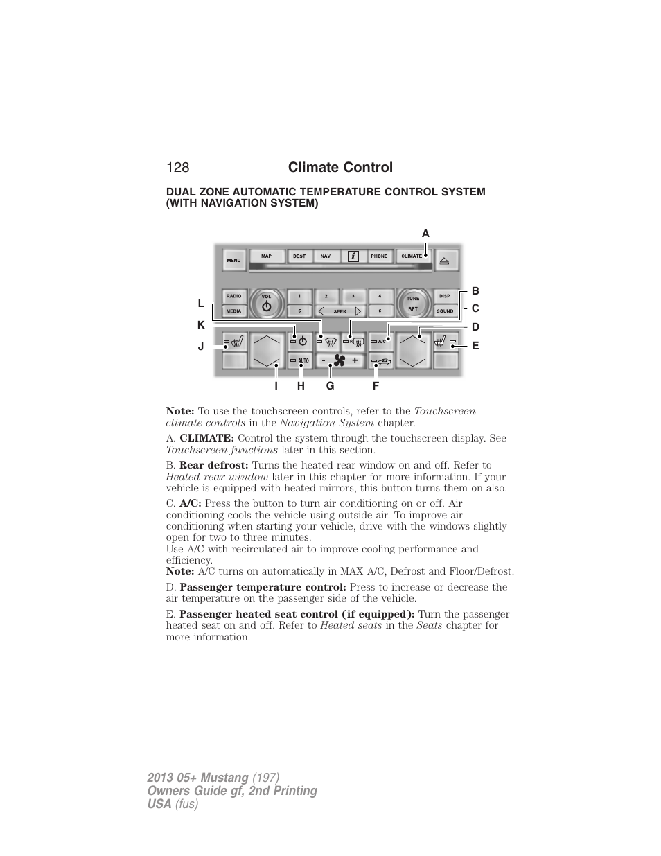 Navigation system based climate control, 128 climate control | FORD 2013 Mustang v.2 User Manual | Page 128 / 427