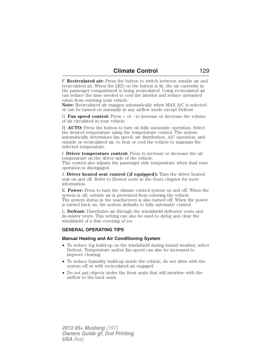 General operating tips, Manual heating and air conditioning system, Climate control 129 | FORD 2013 Mustang v.2 User Manual | Page 129 / 427