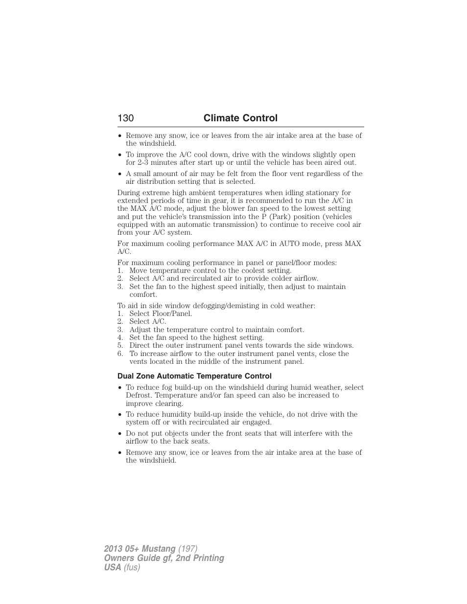Dual zone automatic temperature control, 130 climate control | FORD 2013 Mustang v.2 User Manual | Page 130 / 427