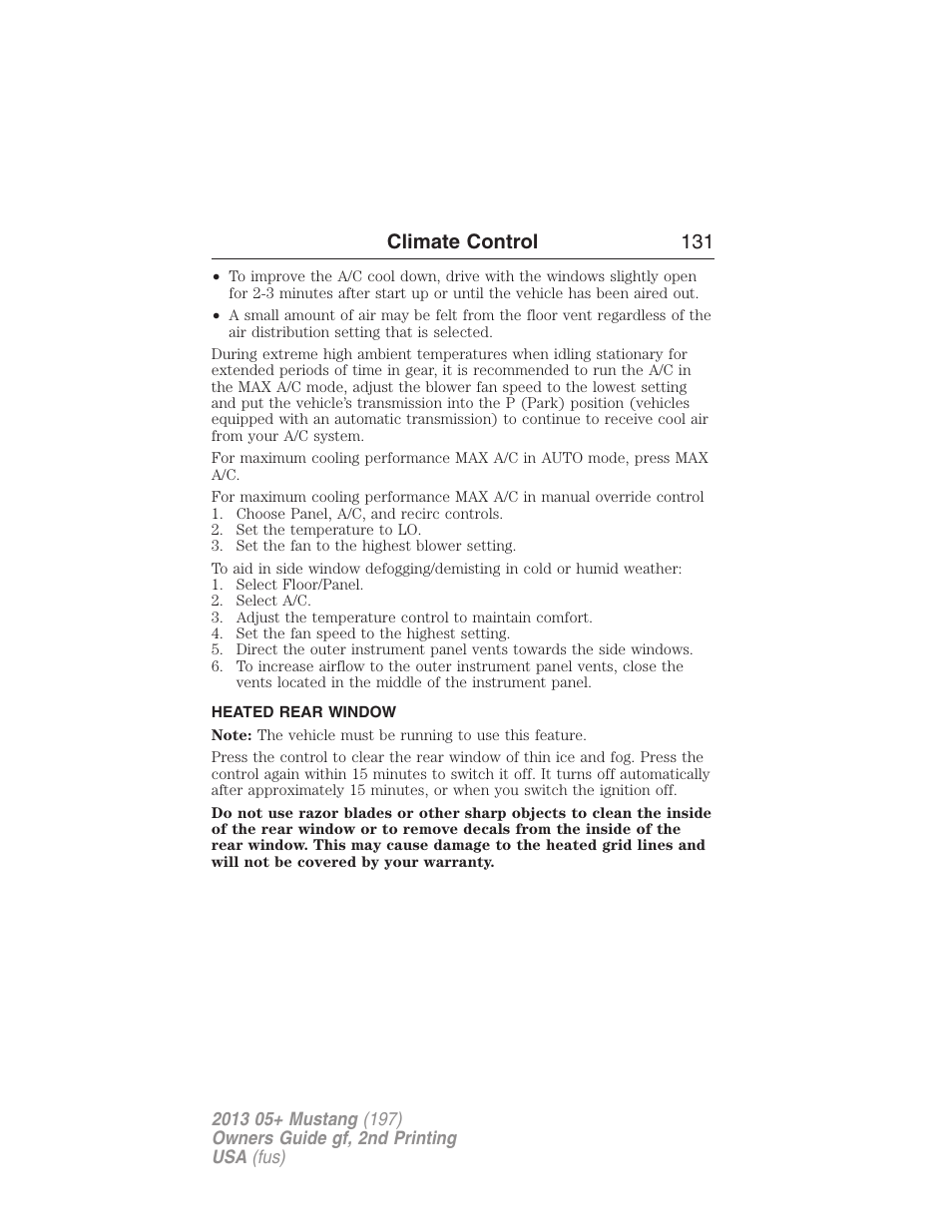 Heated rear window, Rear window defroster, Climate control 131 | FORD 2013 Mustang v.2 User Manual | Page 131 / 427