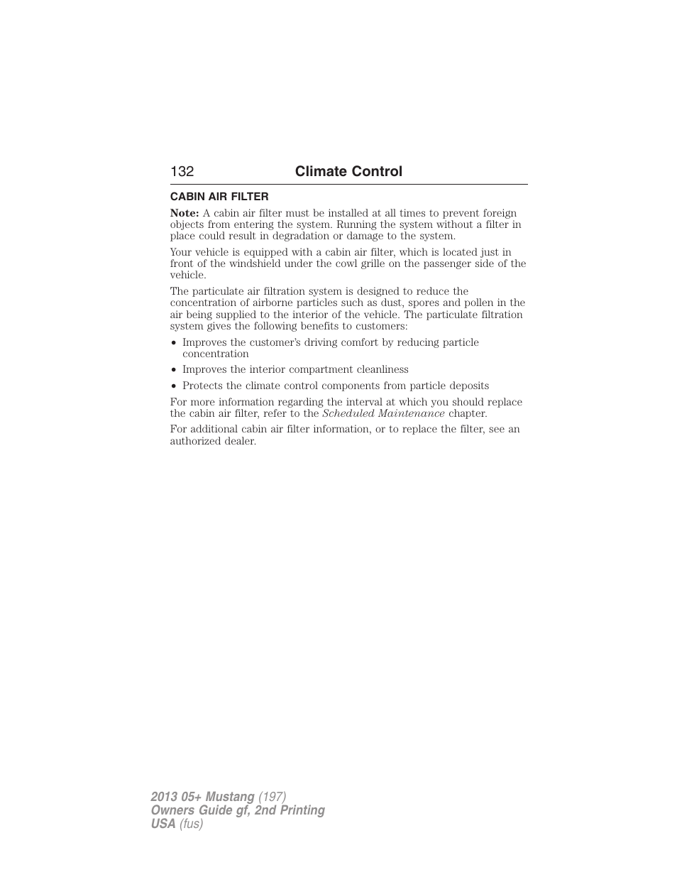 Cabin air filter, 132 climate control | FORD 2013 Mustang v.2 User Manual | Page 132 / 427