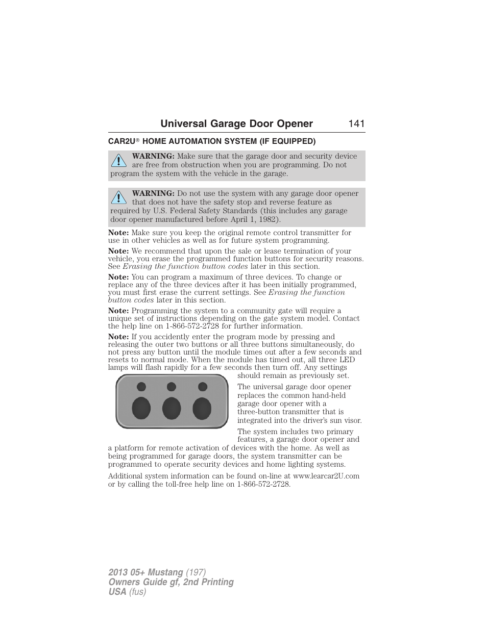 Universal garage door opener, Car2u? home automation system (if equipped), Car2u | Home automation system, Universal garage door opener 141 | FORD 2013 Mustang v.2 User Manual | Page 141 / 427