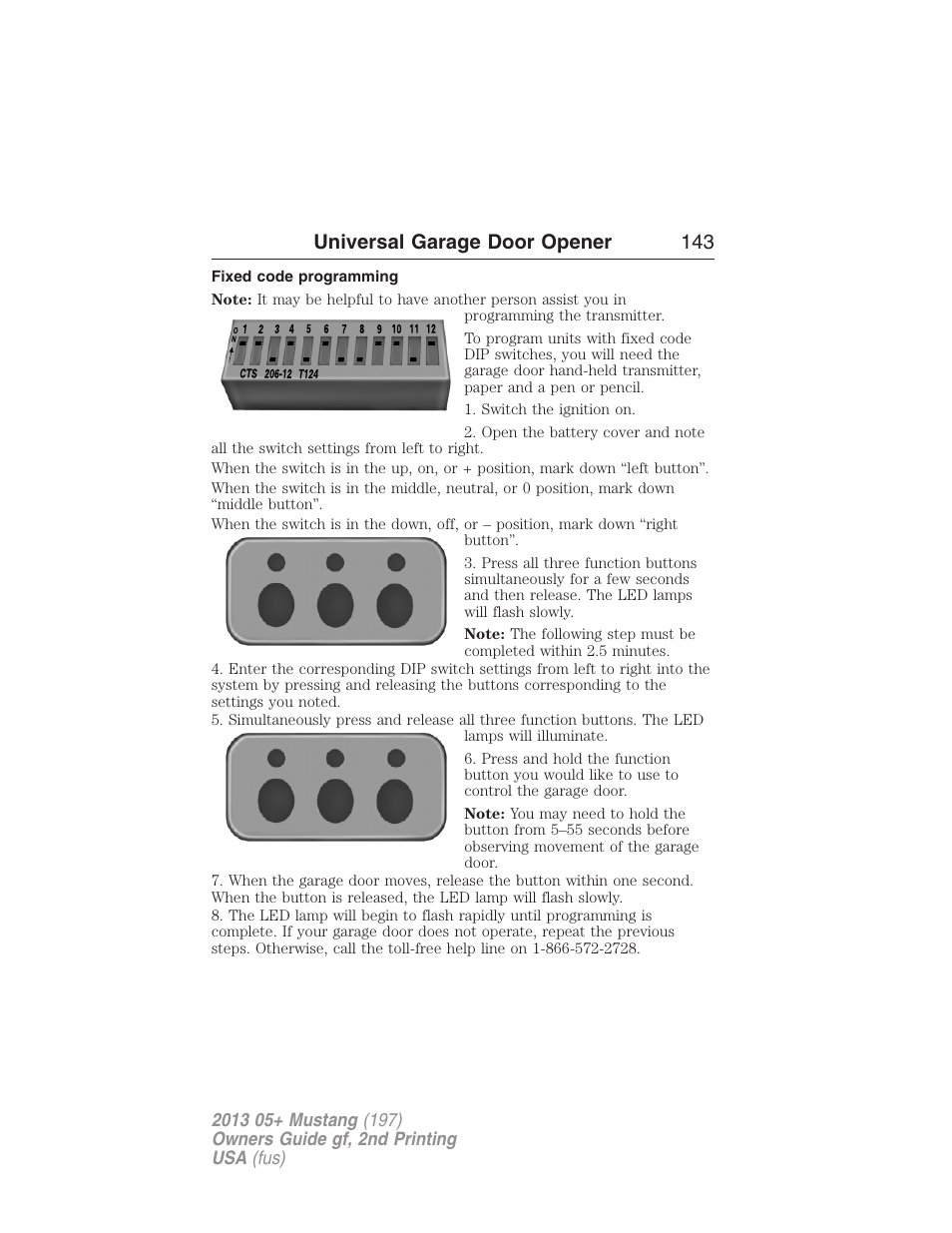 Fixed code programming, Universal garage door opener 143 | FORD 2013 Mustang v.2 User Manual | Page 143 / 427