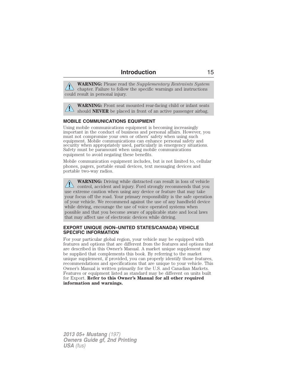 Mobile communications equipment, Introduction 15 | FORD 2013 Mustang v.2 User Manual | Page 15 / 427