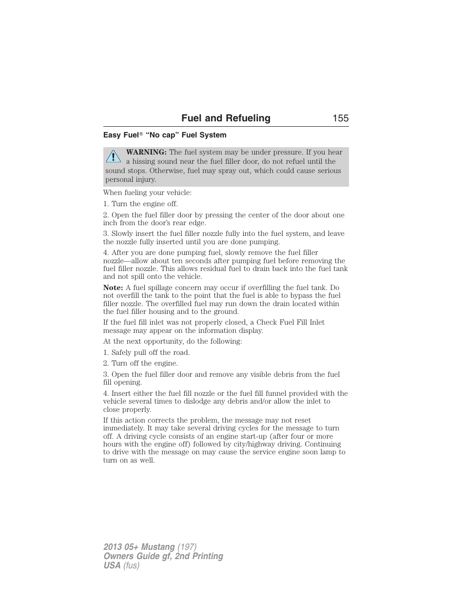 Easy fuel? “no cap” fuel system, Fuel and refueling 155 | FORD 2013 Mustang v.2 User Manual | Page 155 / 427