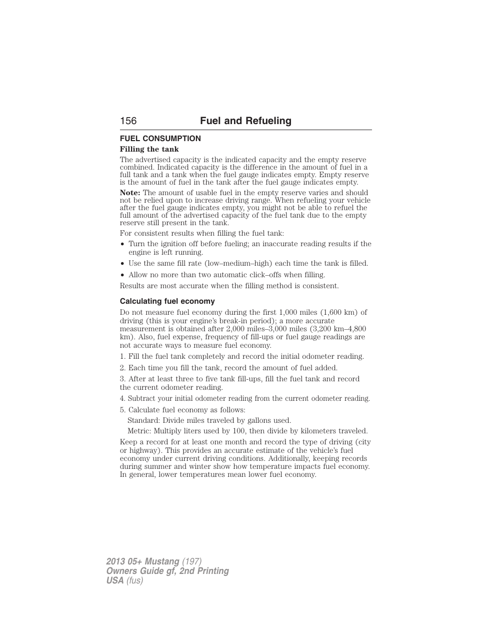 Fuel consumption, Calculating fuel economy, 156 fuel and refueling | FORD 2013 Mustang v.2 User Manual | Page 156 / 427