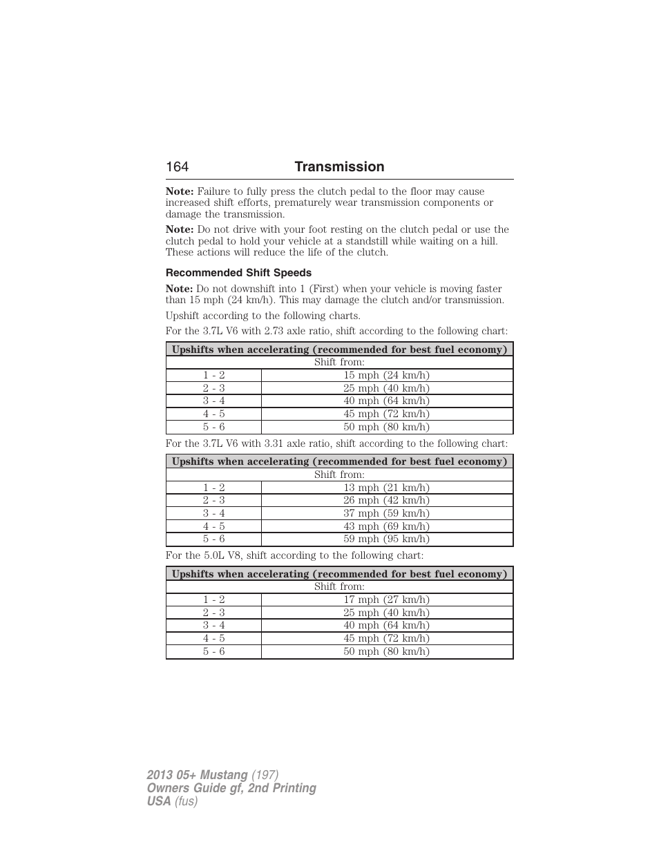 Recommended shift speeds, 164 transmission | FORD 2013 Mustang v.2 User Manual | Page 164 / 427