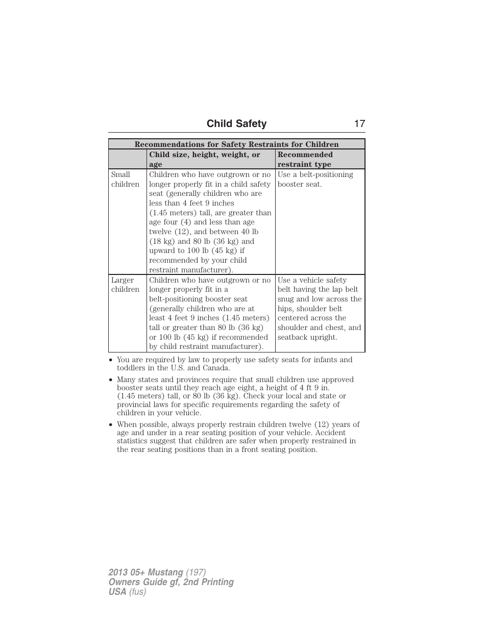 Child safety 17 | FORD 2013 Mustang v.2 User Manual | Page 17 / 427