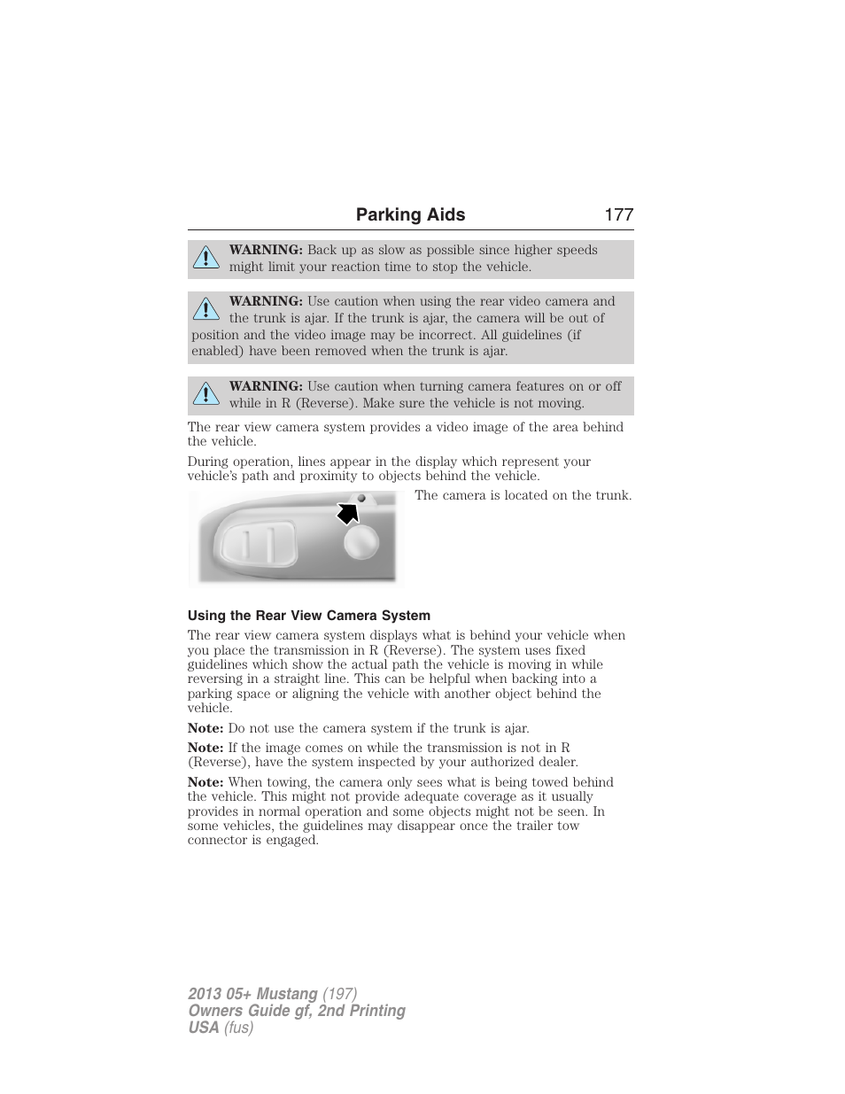 Using the rear view camera system, Parking aids 177 | FORD 2013 Mustang v.2 User Manual | Page 177 / 427