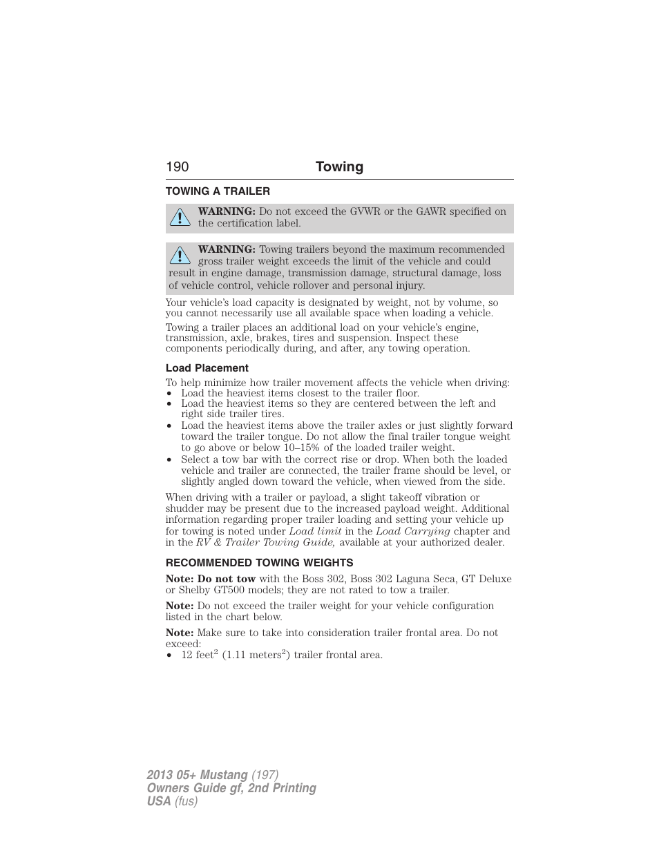 Towing, Towing a trailer, Load placement | Recommended towing weights, Trailer towing, 190 towing | FORD 2013 Mustang v.2 User Manual | Page 190 / 427