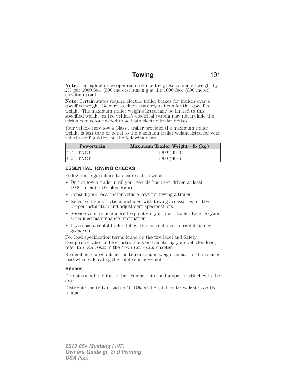 Essential towing checks, Hitches, Towing 191 | FORD 2013 Mustang v.2 User Manual | Page 191 / 427