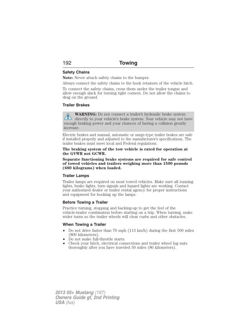 Safety chains, Trailer brakes, Trailer lamps | Before towing a trailer, When towing a trailer, 192 towing | FORD 2013 Mustang v.2 User Manual | Page 192 / 427
