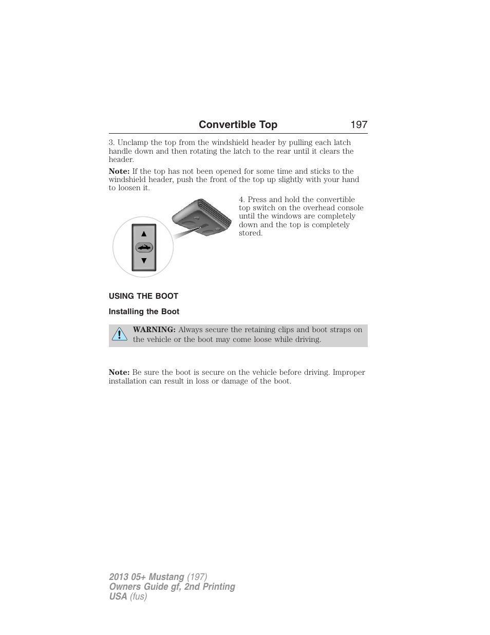 Using the boot, Installing the boot, Convertible top 197 | FORD 2013 Mustang v.2 User Manual | Page 197 / 427