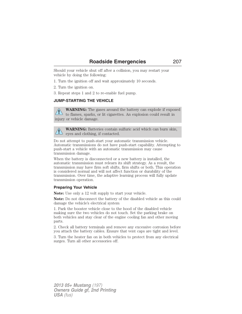 Jump-starting the vehicle, Preparing your vehicle, Roadside emergencies 207 | FORD 2013 Mustang v.2 User Manual | Page 207 / 427
