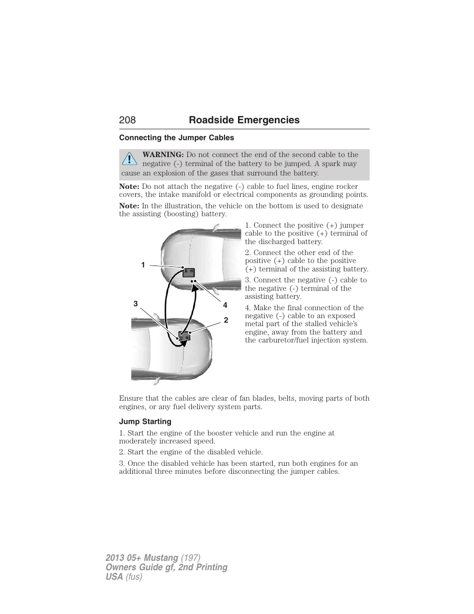 Connecting the jumper cables, Jump starting, 208 roadside emergencies | FORD 2013 Mustang v.2 User Manual | Page 208 / 427