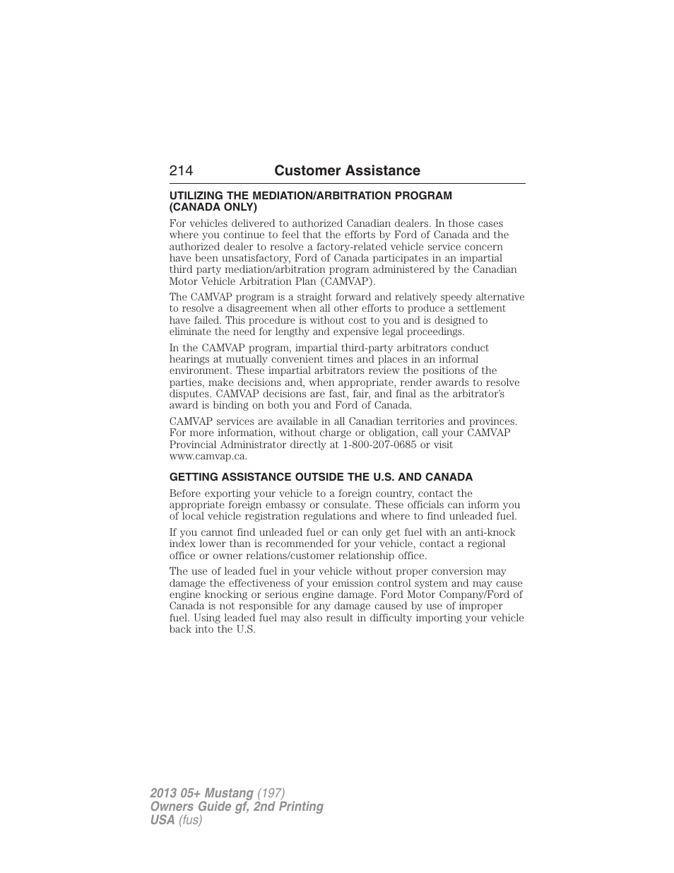 Getting assistance outside the u.s. and canada, 214 customer assistance | FORD 2013 Mustang v.2 User Manual | Page 214 / 427