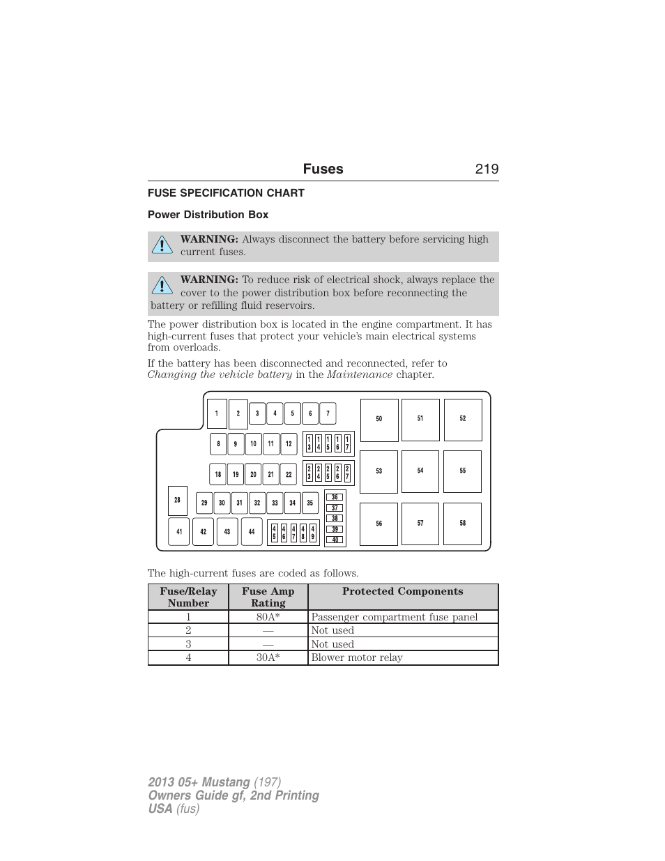 Fuse specification chart, Power distribution box, Fuses 219 | FORD 2013 Mustang v.2 User Manual | Page 219 / 427