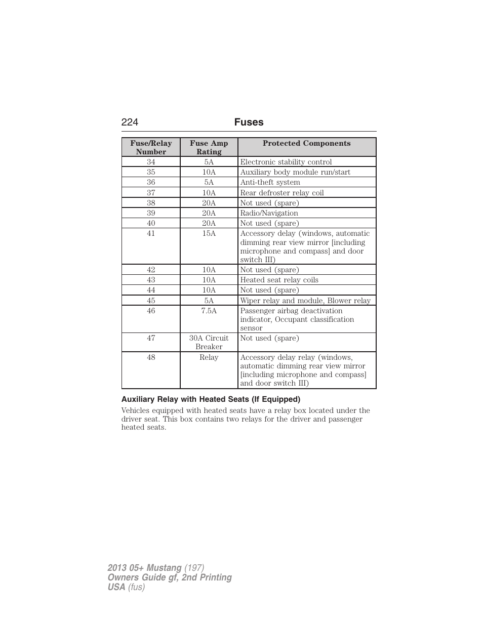 Auxiliary relay with heated seats (if equipped), 224 fuses | FORD 2013 Mustang v.2 User Manual | Page 224 / 427