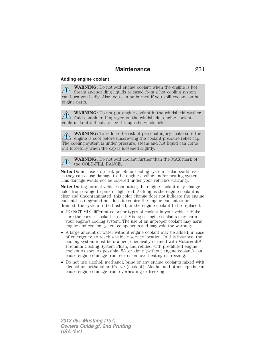 Adding engine coolant, Maintenance 231 | FORD 2013 Mustang v.2 User Manual | Page 231 / 427