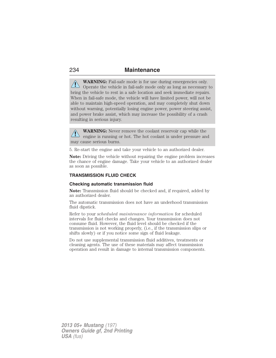 Transmission fluid check, Checking automatic transmission fluid, Automatic transmission fluid check | 234 maintenance | FORD 2013 Mustang v.2 User Manual | Page 234 / 427