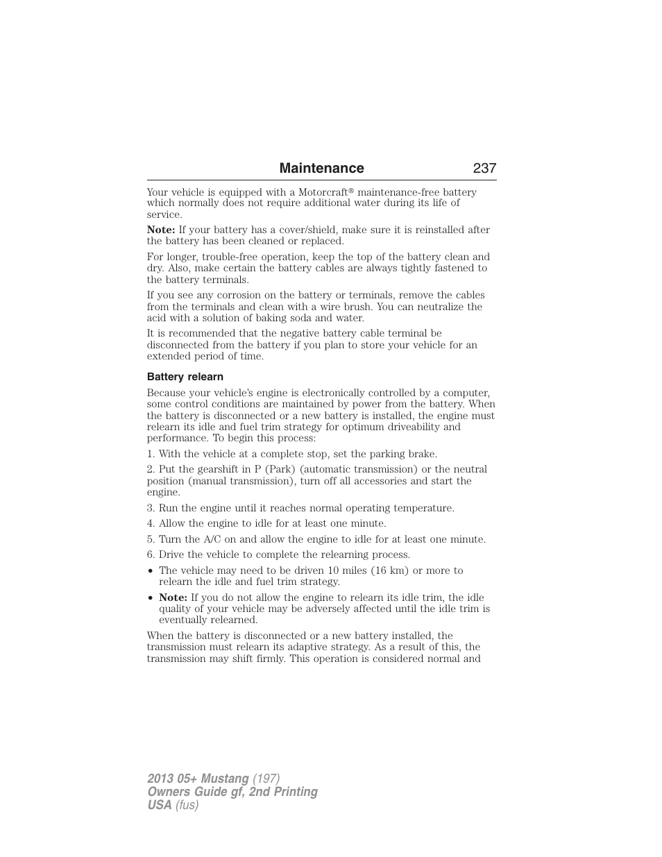 Battery relearn, Maintenance 237 | FORD 2013 Mustang v.2 User Manual | Page 237 / 427