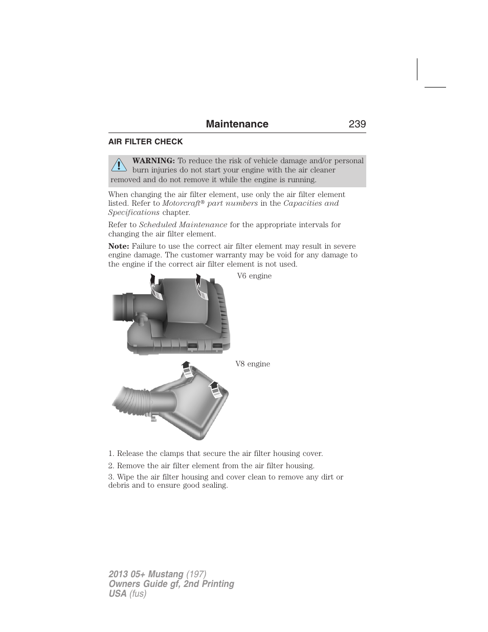 Air filter check, Air filter(s), Maintenance 239 | FORD 2013 Mustang v.2 User Manual | Page 239 / 427