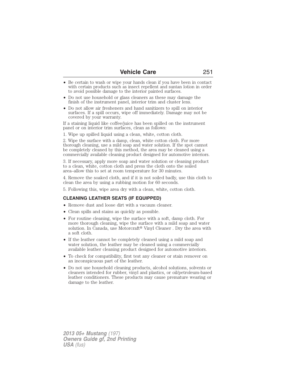 Cleaning leather seats (if equipped), Cleaning leather seats, Vehicle care 251 | FORD 2013 Mustang v.2 User Manual | Page 251 / 427