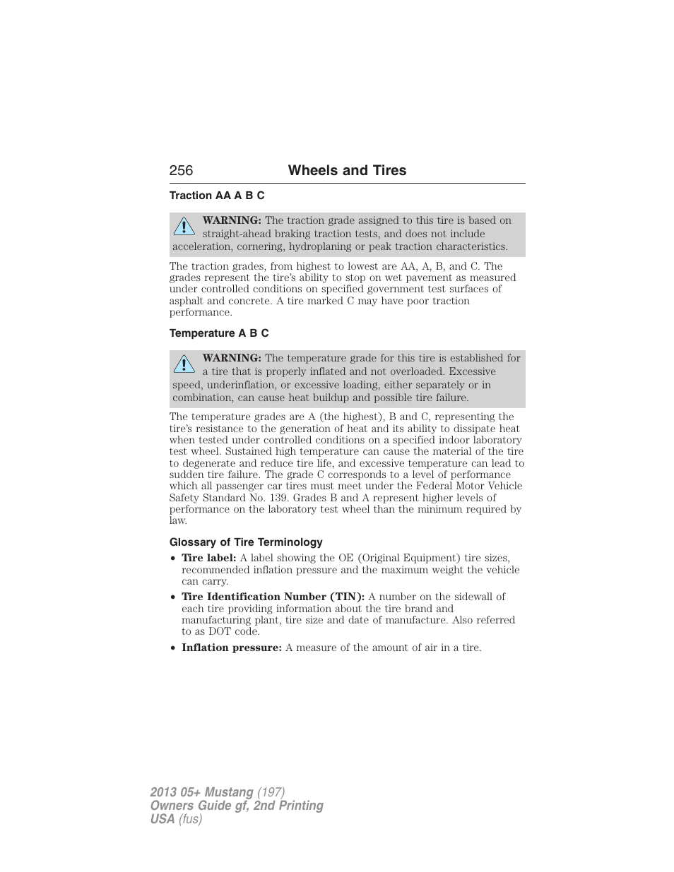 Traction aa a b c, Temperature a b c, Glossary of tire terminology | 256 wheels and tires | FORD 2013 Mustang v.2 User Manual | Page 256 / 427