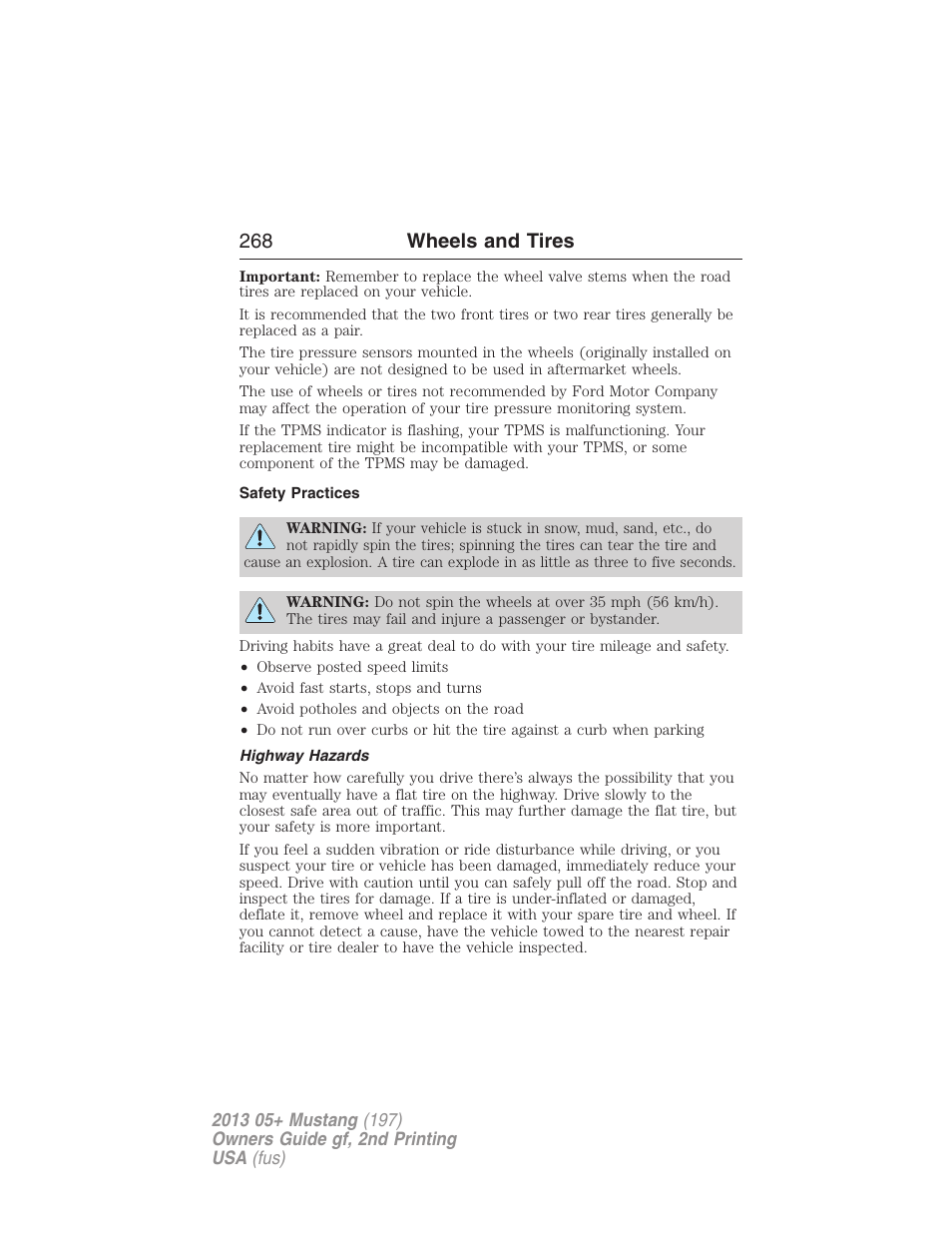 Safety practices, Highway hazards, 268 wheels and tires | FORD 2013 Mustang v.2 User Manual | Page 268 / 427