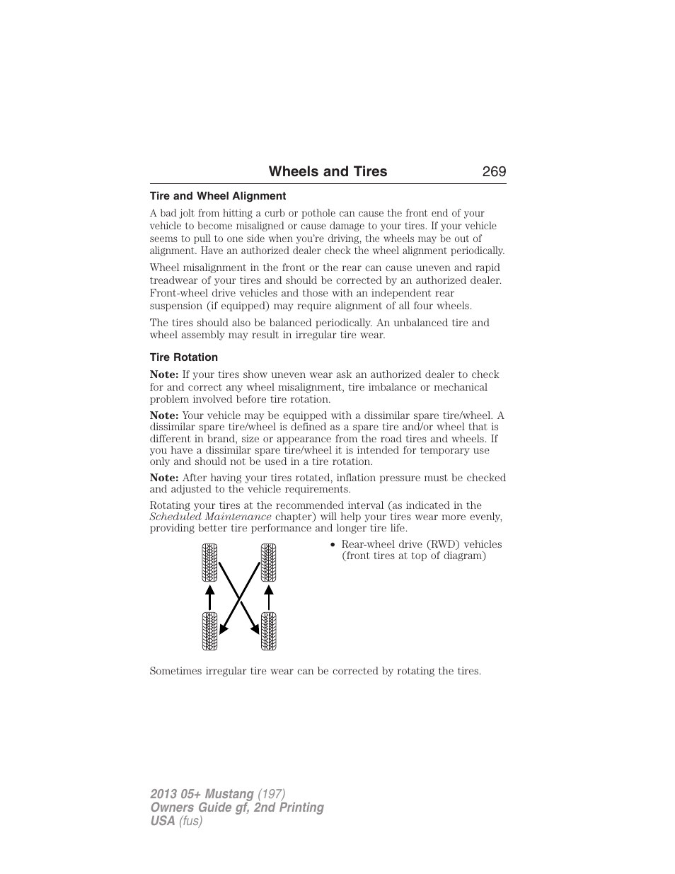 Tire and wheel alignment, Tire rotation, Wheels and tires 269 | FORD 2013 Mustang v.2 User Manual | Page 269 / 427
