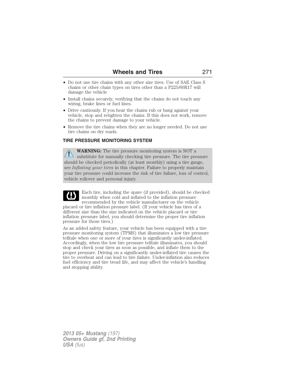 Tire pressure monitoring system, Tire pressure monitoring system (tpms), Wheels and tires 271 | FORD 2013 Mustang v.2 User Manual | Page 271 / 427