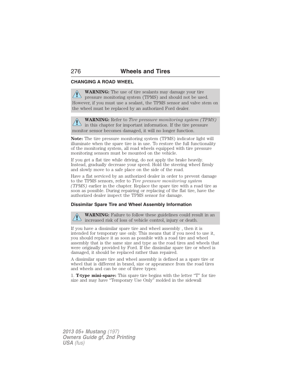 Changing a road wheel, 276 wheels and tires | FORD 2013 Mustang v.2 User Manual | Page 276 / 427