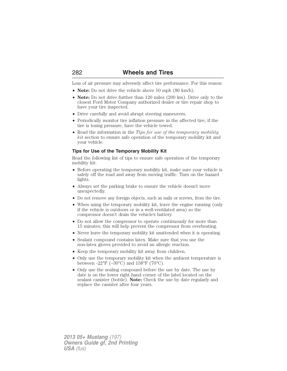 Tips for use of the temporary mobility kit, 282 wheels and tires | FORD 2013 Mustang v.2 User Manual | Page 282 / 427