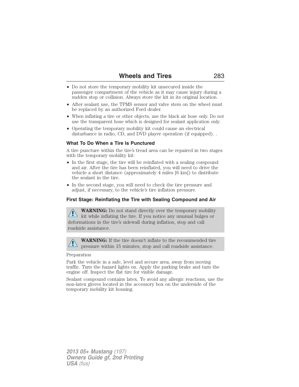 What to do when a tire is punctured, Wheels and tires 283 | FORD 2013 Mustang v.2 User Manual | Page 283 / 427