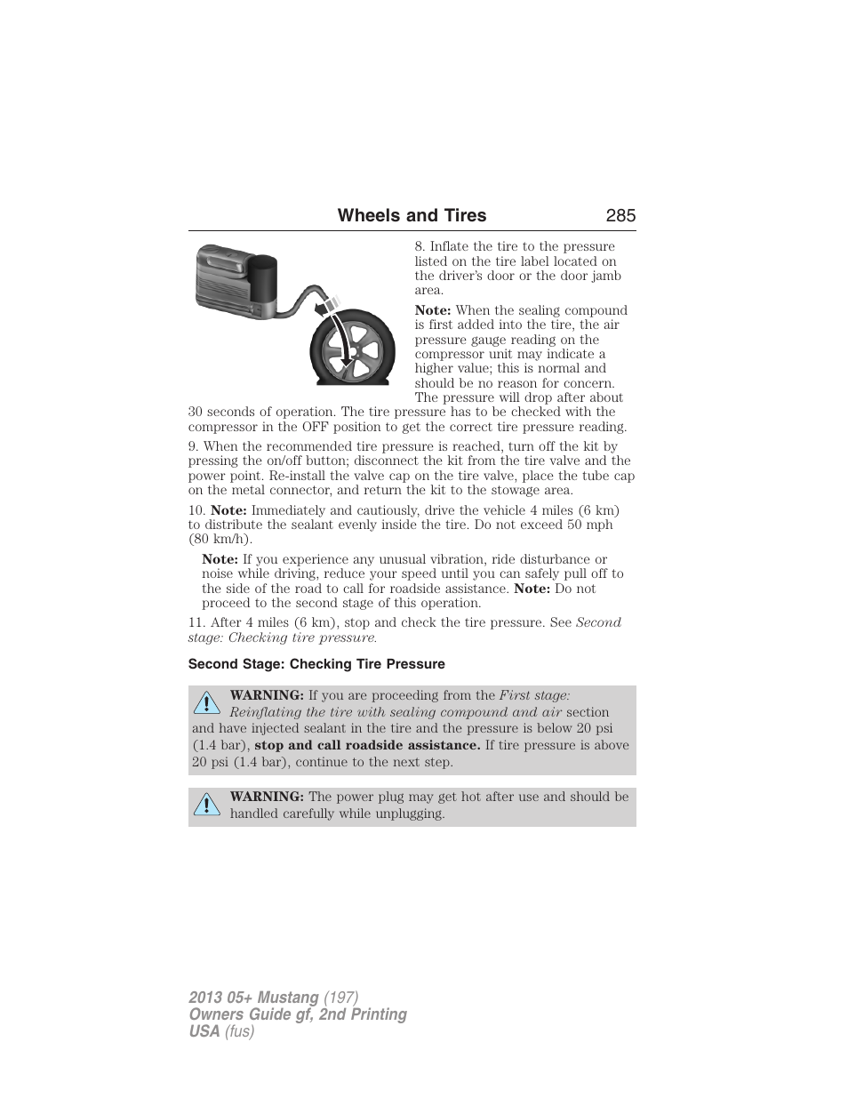 Second stage: checking tire pressure, Wheels and tires 285 | FORD 2013 Mustang v.2 User Manual | Page 285 / 427