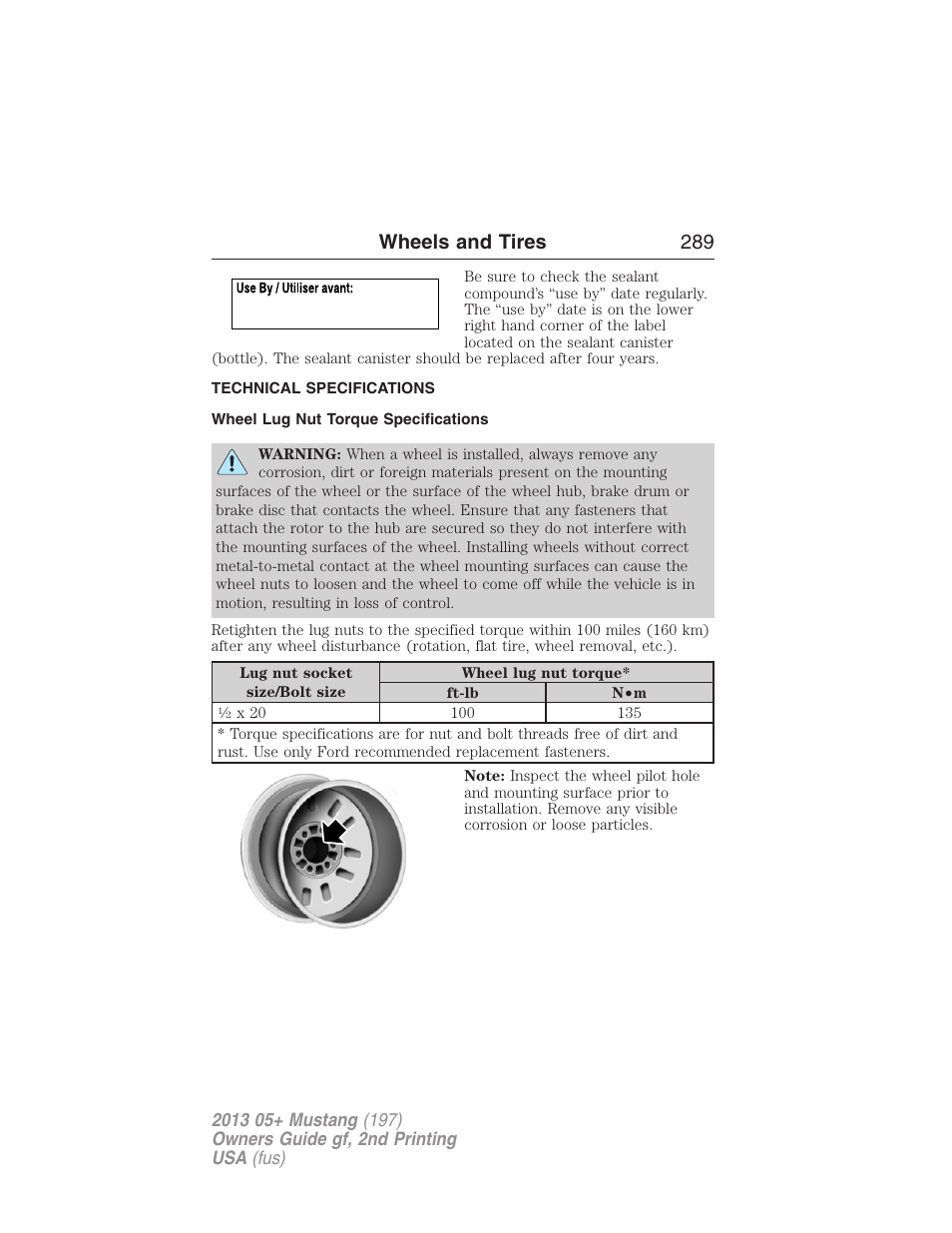 Technical specifications, Wheel lug nut torque specifications, Wheel lug nut torque | Wheels and tires 289 | FORD 2013 Mustang v.2 User Manual | Page 289 / 427