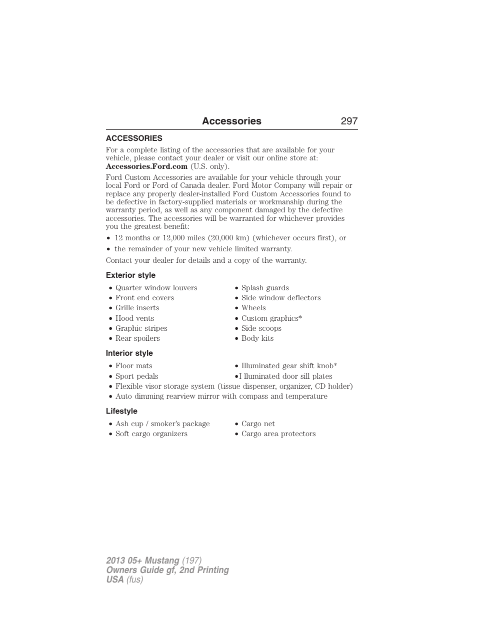 Accessories, Exterior style, Interior style | Lifestyle, Accessories 297 | FORD 2013 Mustang v.2 User Manual | Page 297 / 427