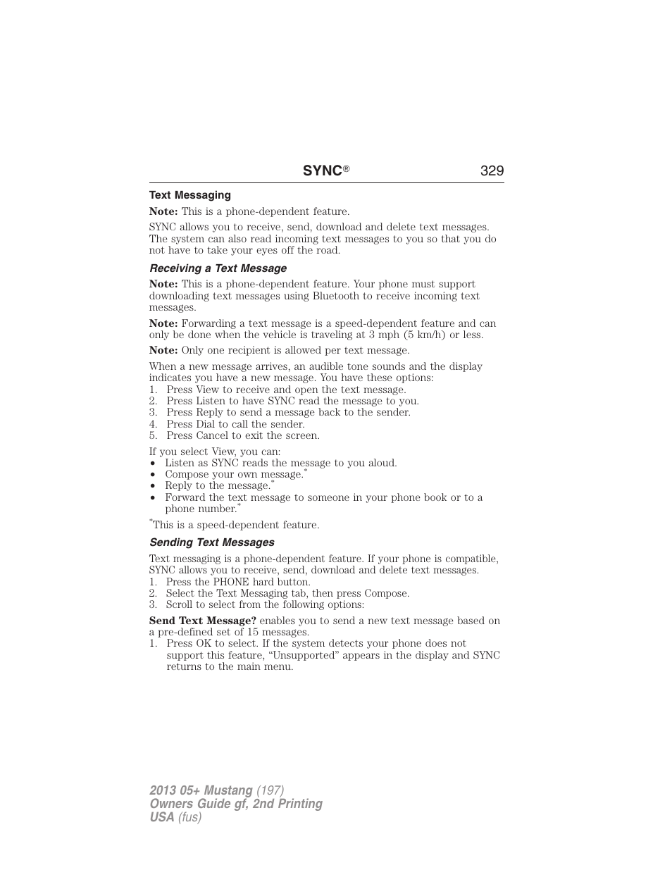 Text messaging, Receiving a text message, Sending text messages | Sync ா 329 | FORD 2013 Mustang v.2 User Manual | Page 329 / 427