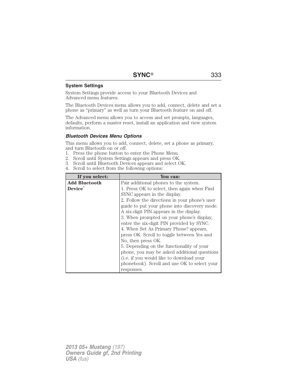 System settings, Bluetooth devices menu options, Sync ா 333 | FORD 2013 Mustang v.2 User Manual | Page 333 / 427