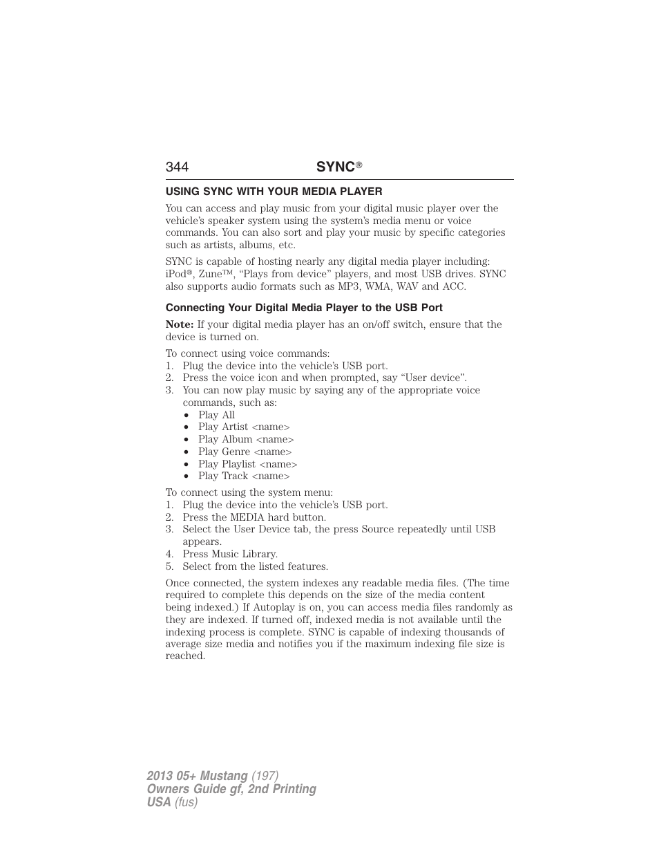 Using sync with your media player, 344 sync | FORD 2013 Mustang v.2 User Manual | Page 344 / 427