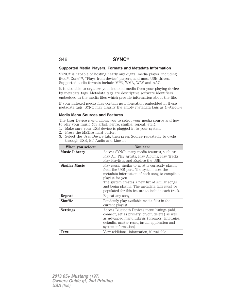 Media menu sources and features, 346 sync | FORD 2013 Mustang v.2 User Manual | Page 346 / 427