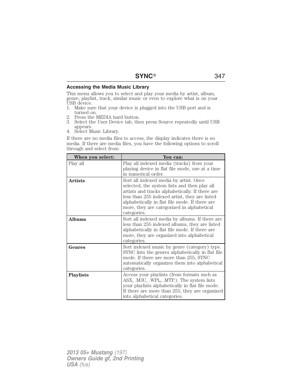 Accessing the media music library, Sync ா 347 | FORD 2013 Mustang v.2 User Manual | Page 347 / 427