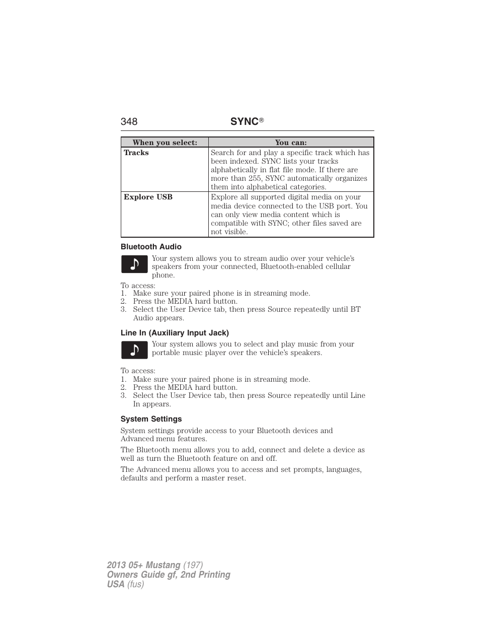 Bluetooth audio, Line in (auxiliary input jack), System settings | 348 sync | FORD 2013 Mustang v.2 User Manual | Page 348 / 427