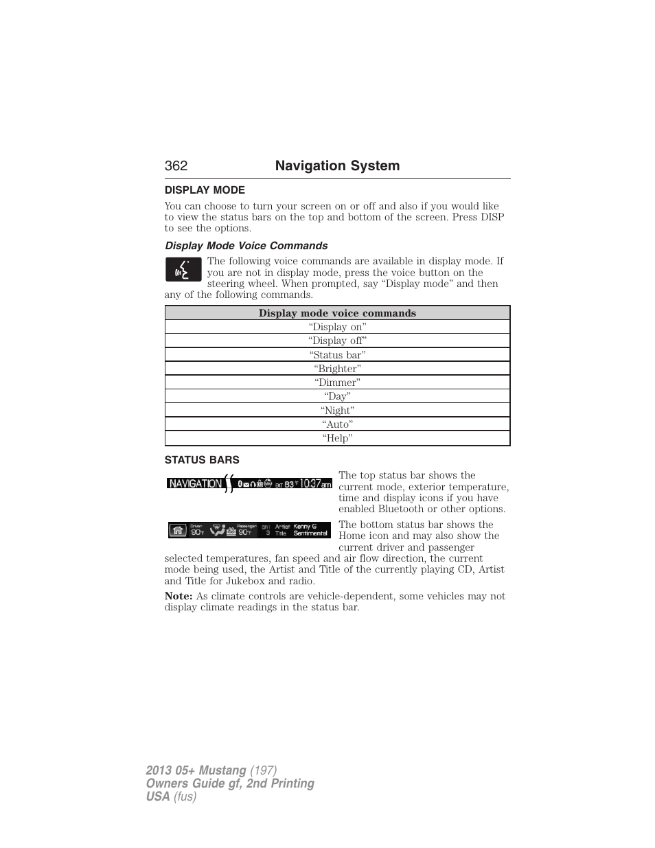 Display mode, Display mode voice commands, Status bars | 362 navigation system | FORD 2013 Mustang v.2 User Manual | Page 362 / 427