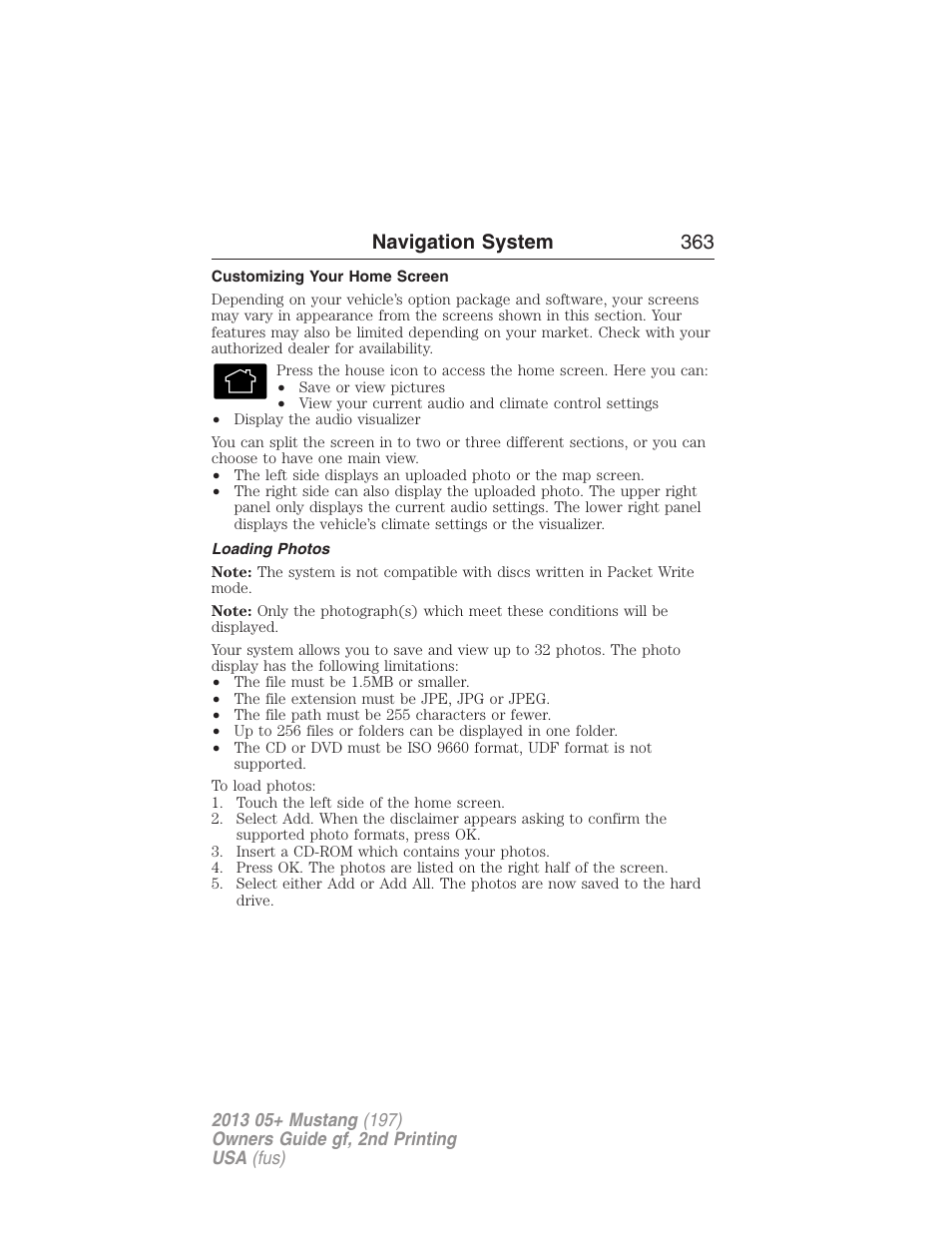 Customizing your home screen, Loading photos, Loading pictures | Navigation system 363 | FORD 2013 Mustang v.2 User Manual | Page 363 / 427