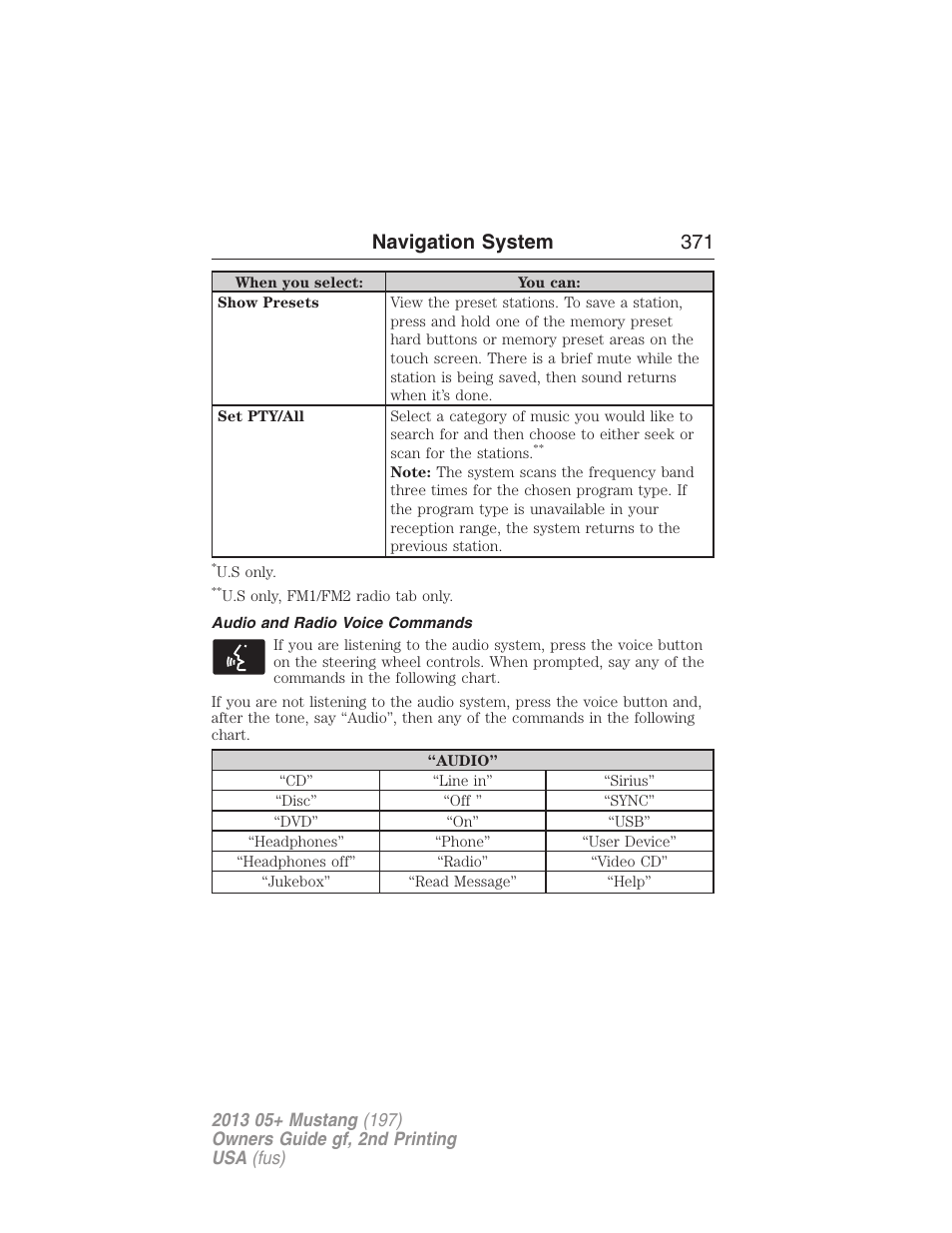 Audio and radio voice commands, Navigation system 371 | FORD 2013 Mustang v.2 User Manual | Page 371 / 427